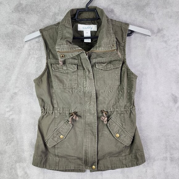 Womens Olive Green Sebby Sleeveless Utility Vest Pockets & Drawstring Waist S - Picture 2 of 9